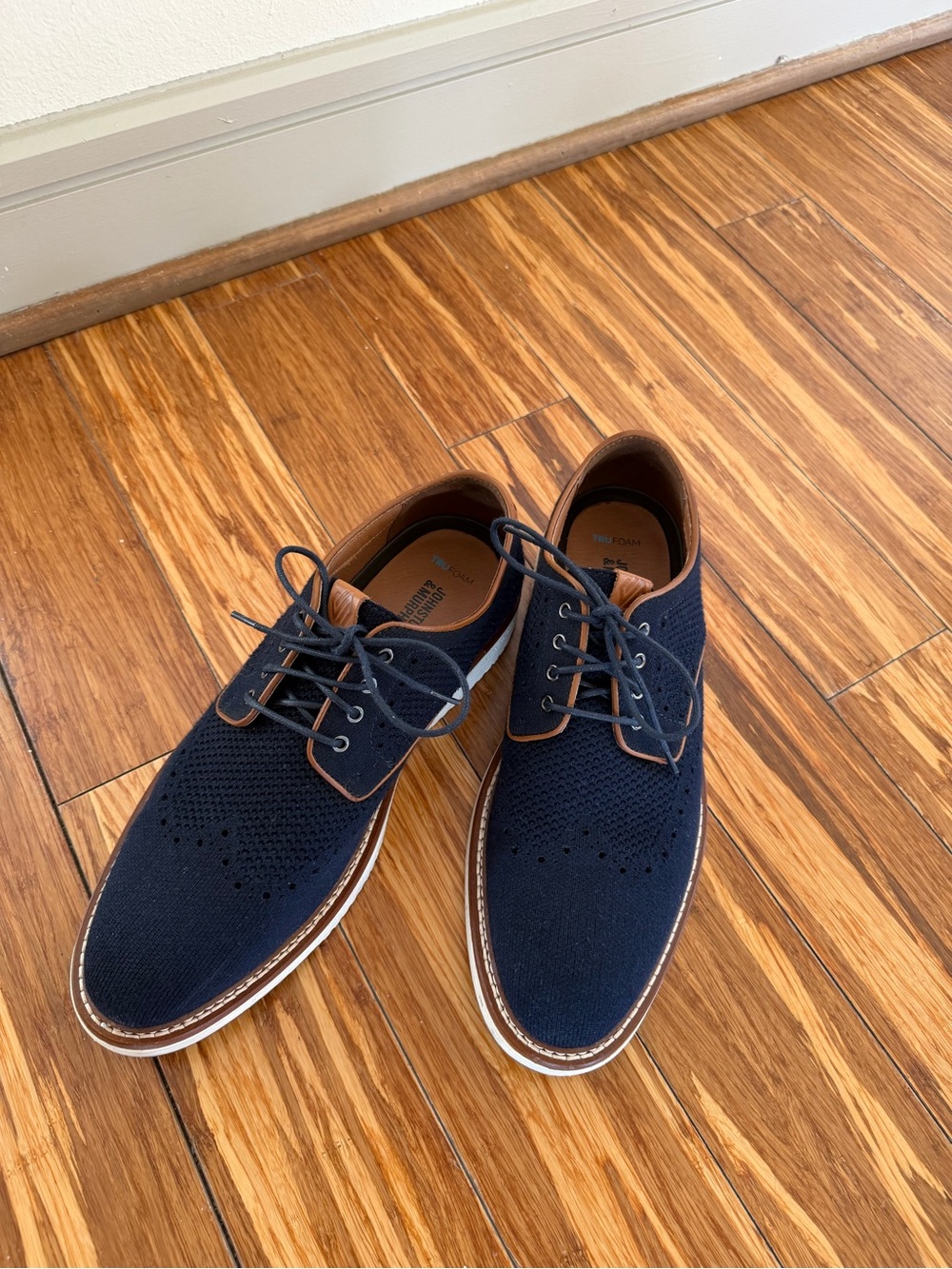 Johnston & Murphy Navy Knit Lace-Up Oxfords with Brown Trim